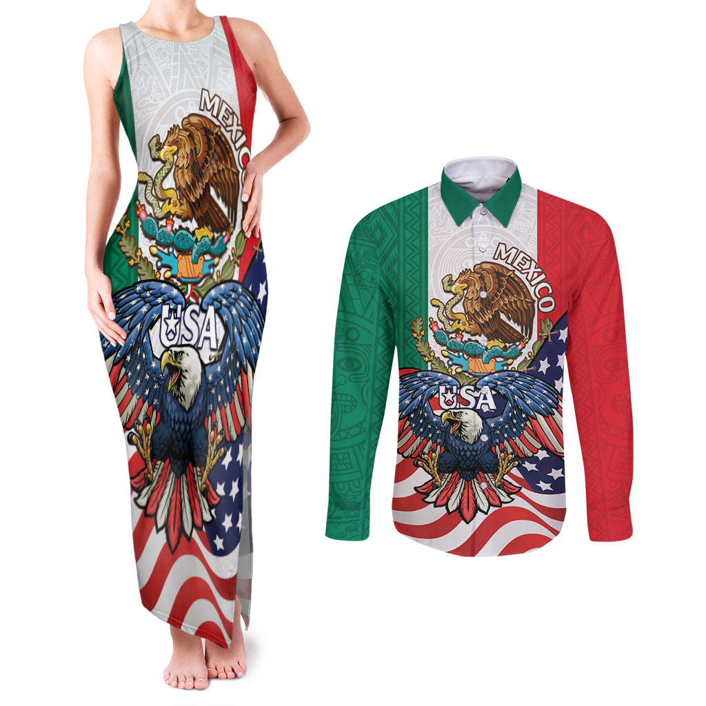 United States And Mexico Couples Matching Tank Maxi Dress and Long Sleeve Button Shirt USA Eagle With Mexican Aztec