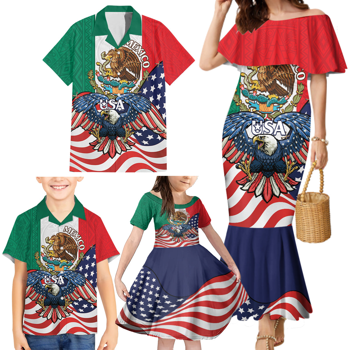 United States And Mexico Family Matching Mermaid Dress and Hawaiian Shirt USA Eagle With Mexican Aztec