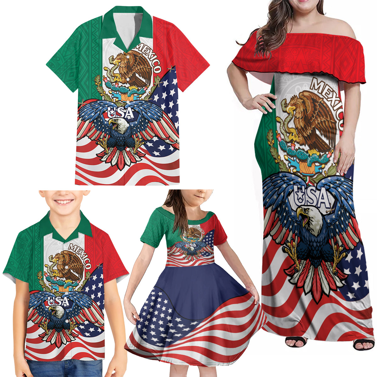 United States And Mexico Family Matching Off Shoulder Maxi Dress and Hawaiian Shirt USA Eagle With Mexican Aztec