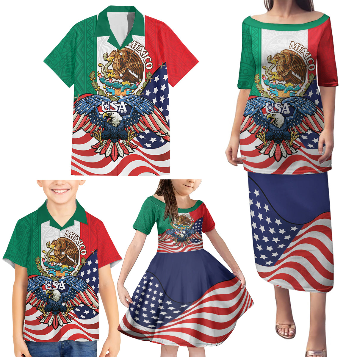 United States And Mexico Family Matching Puletasi and Hawaiian Shirt USA Eagle With Mexican Aztec