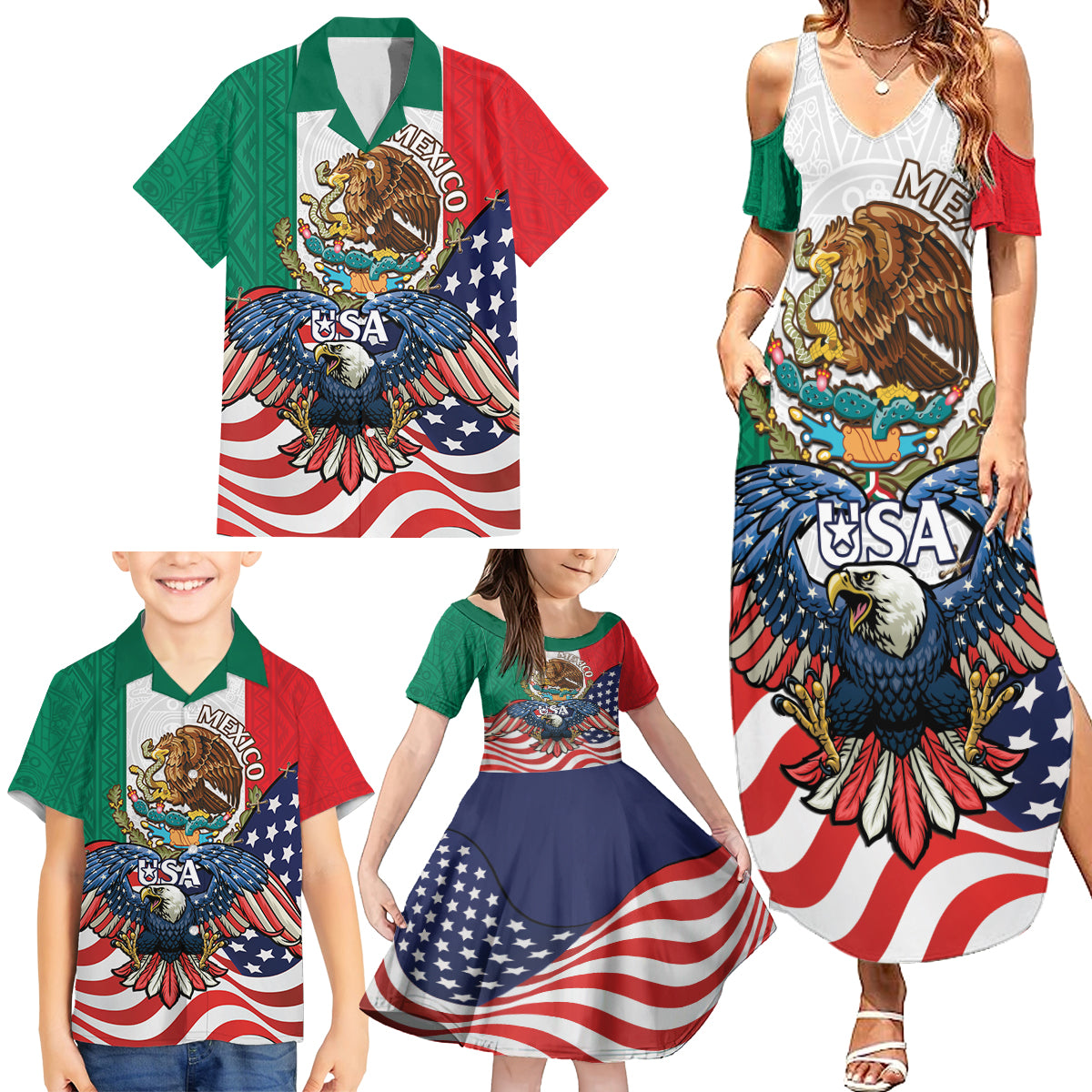 United States And Mexico Family Matching Summer Maxi Dress and Hawaiian Shirt USA Eagle With Mexican Aztec