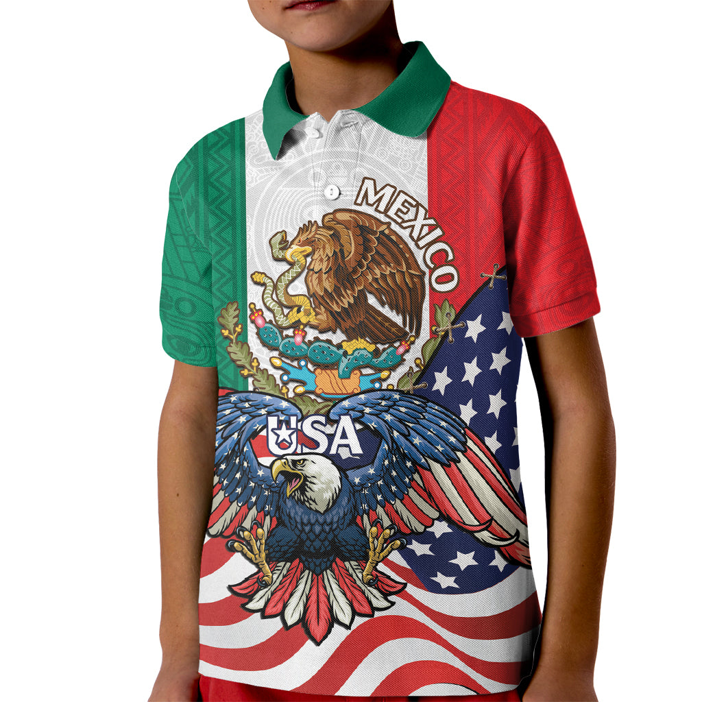 United States And Mexico Kid Polo Shirt USA Eagle With Mexican Aztec