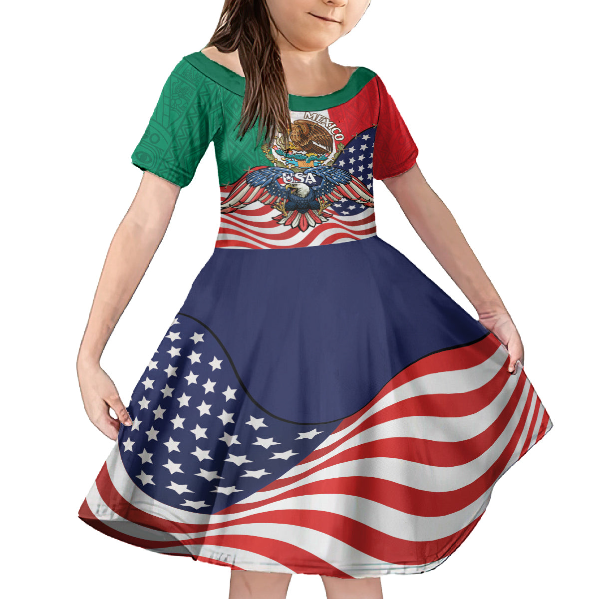 United States And Mexico Kid Short Sleeve Dress USA Eagle With Mexican Aztec