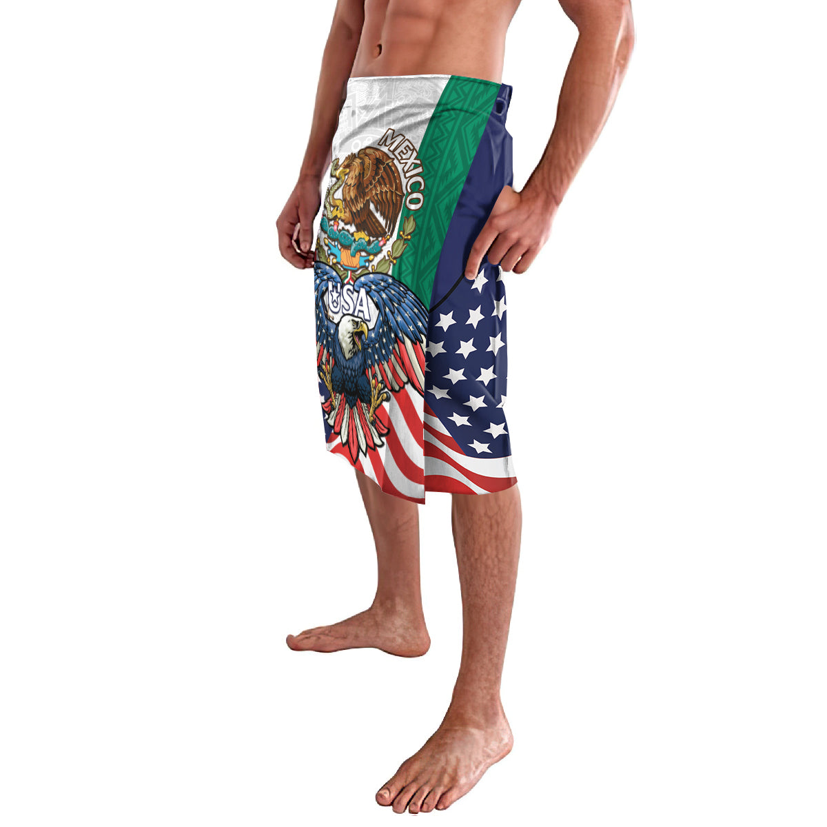 Printed board shorts with Mexican eagle graphic and U.S. stars-and-stripes