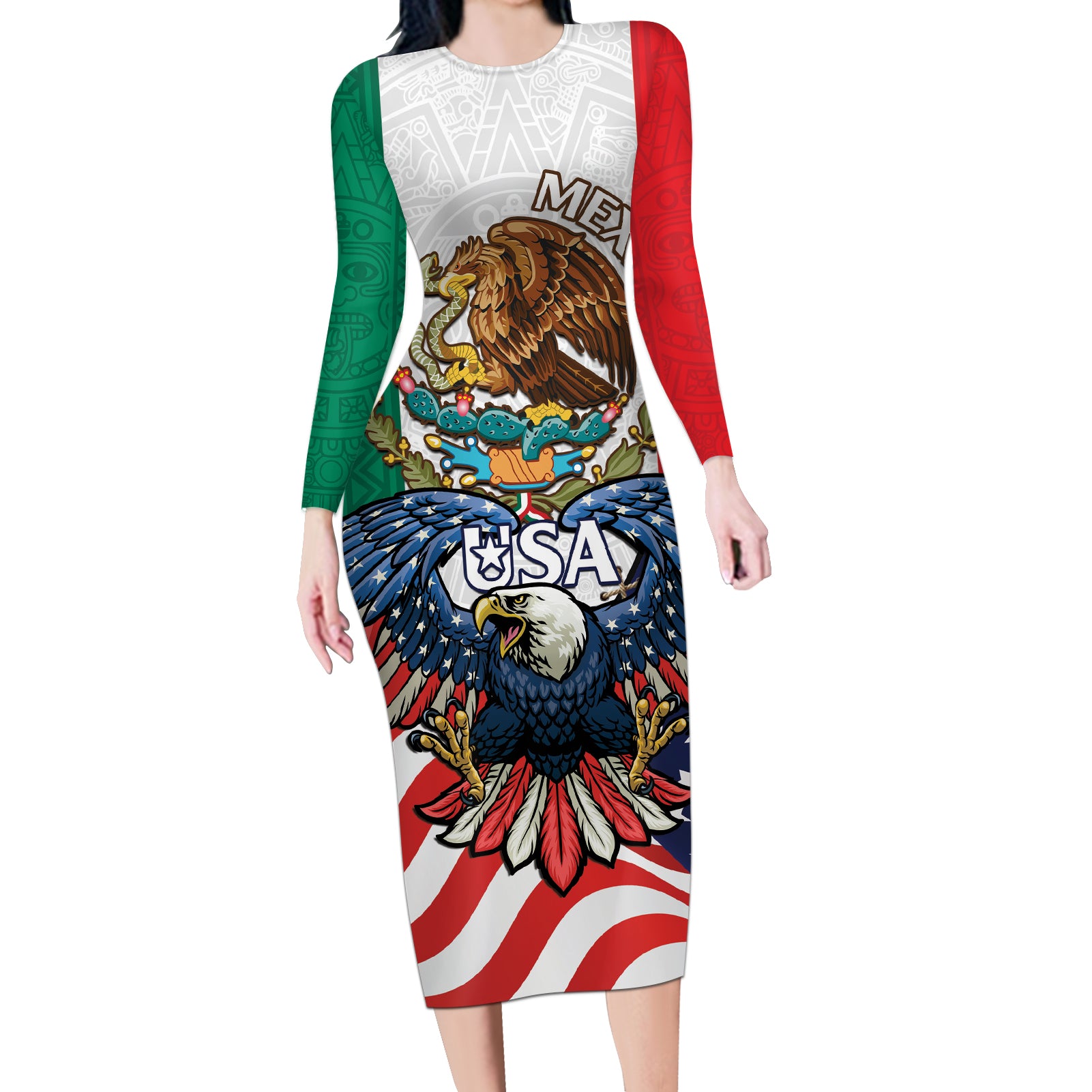 United States And Mexico Long Sleeve Bodycon Dress USA Eagle With Mexican Aztec