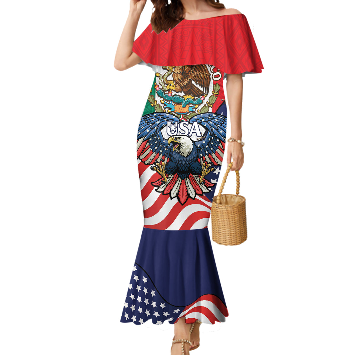 United States And Mexico Mermaid Dress USA Eagle With Mexican Aztec