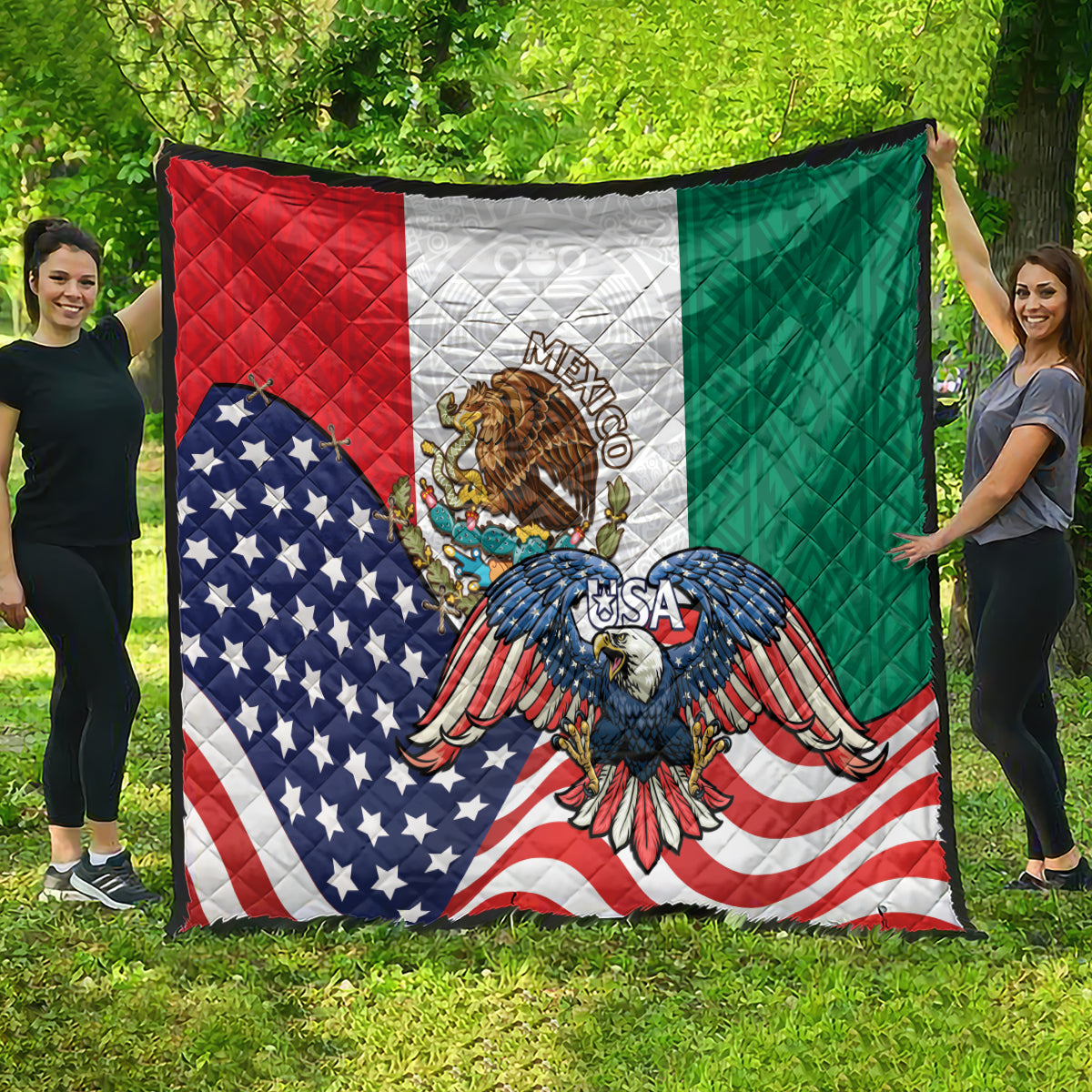 Wall-hanging quilt with red, white, and green sections showing eagle, stars, and stripes