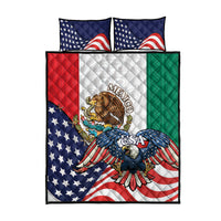 Quilt bed set with matching pillows, eagle graphic, stars, Mexico emblem in blue/red/green.