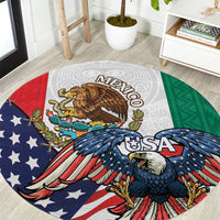 Round area rug with USA and Mexico eagle graphic, red blue green and white accents