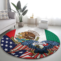 Round area rug with Mexico and USA eagle design, gray top medallion and green pattern sides