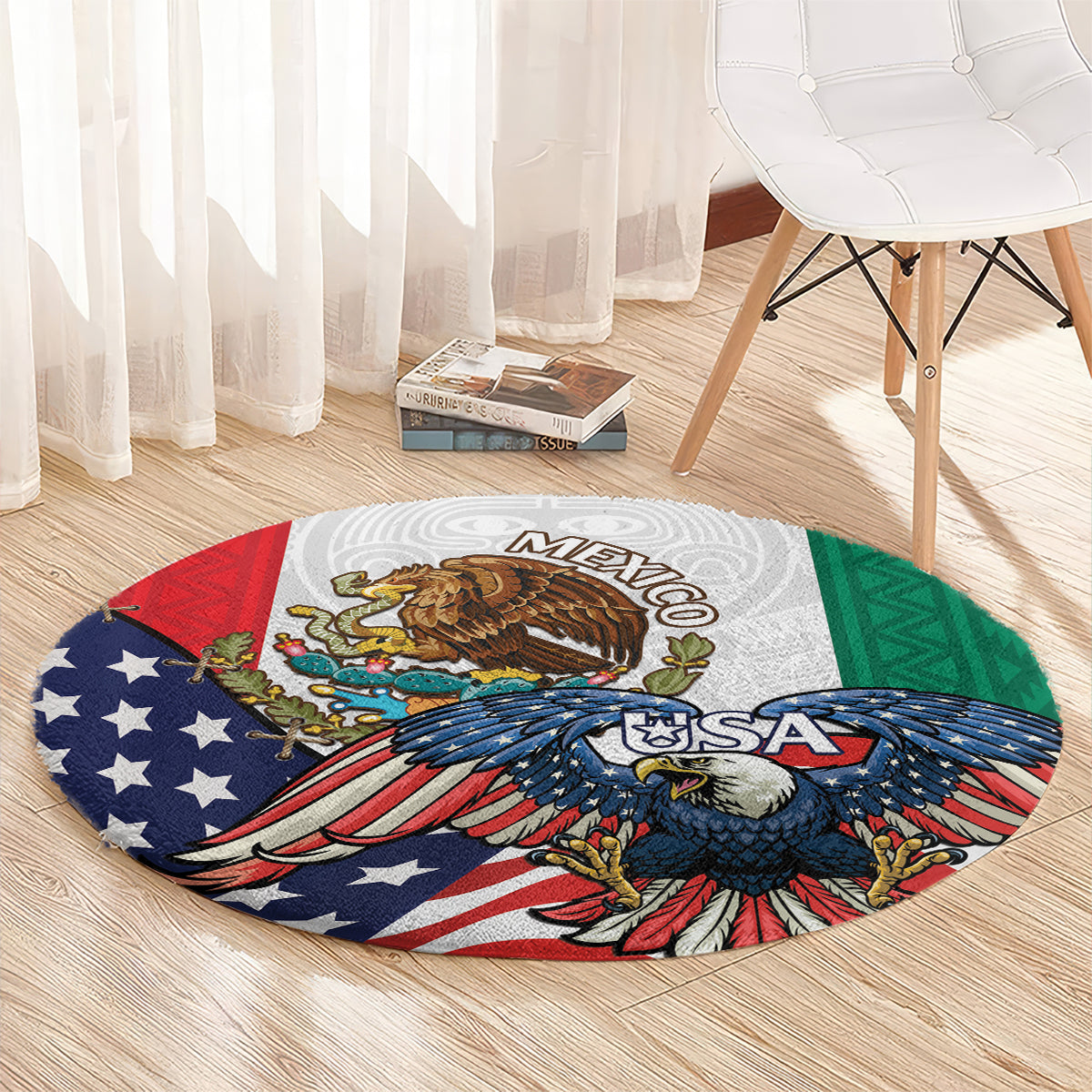 Round area rug with colorful eagle and Mexico/USA lettering, red blue green center design