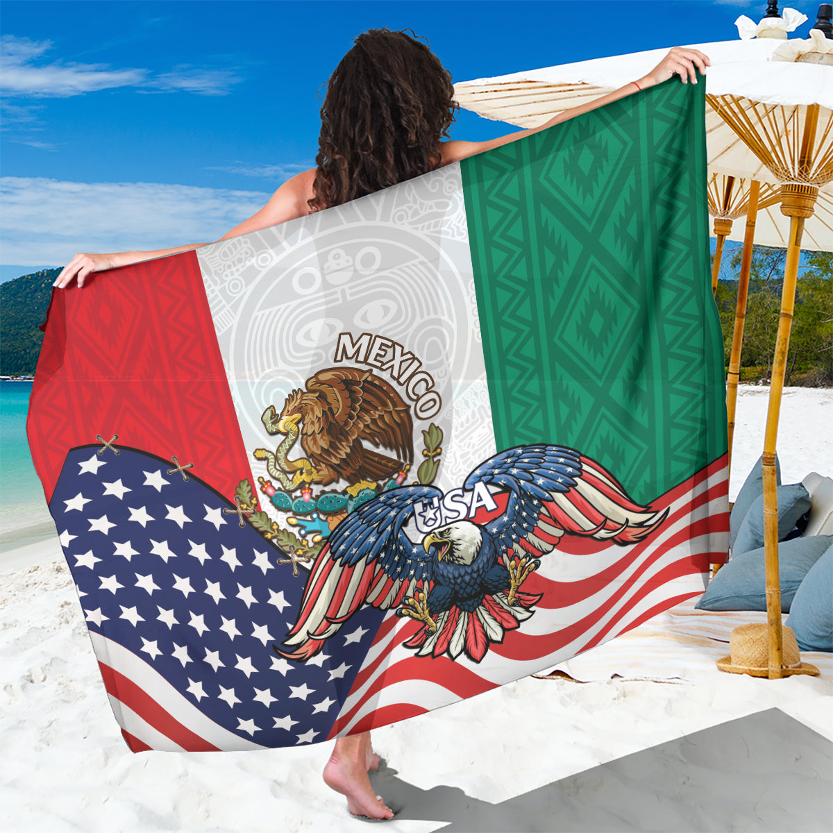 Tri-color sarong with eagle graphic, Mexico text, green geometric panel, and red-blue flag stripes
