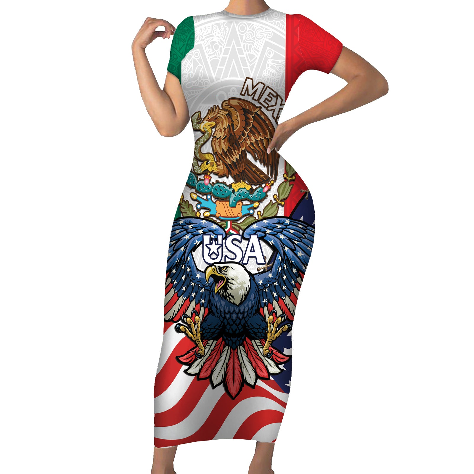 United States And Mexico Short Sleeve Bodycon Dress USA Eagle With Mexican Aztec