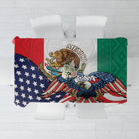 Printed tablecloth with blue star field, Mexican eagle graphic, and green Aztec border