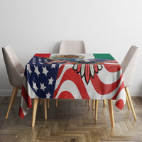 Printed square tablecloth featuring blue stars, red-and-white stripes, and green Aztec design