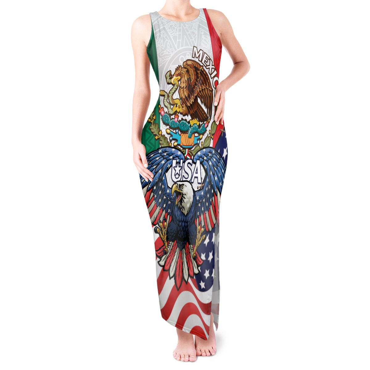 United States And Mexico Tank Maxi Dress USA Eagle With Mexican Aztec