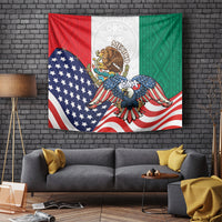 Colorful country-themed tapestry with red, white, green panels and blue eagle design