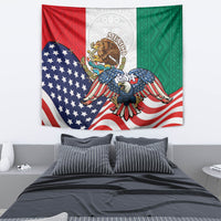 Patriotic tapestry featuring blue eagle wings, US stars, and Mexico crest above