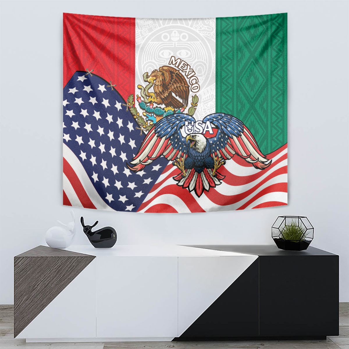 Patriotic hanging tapestry showing blue eagle between US stars and Mexico emblem