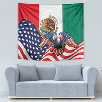 United States and Mexico style tapestry with blue eagle and tri-color flag bands