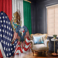 USA and Mexico window curtains showing central eagle graphic with patriotic stripes and green side panel