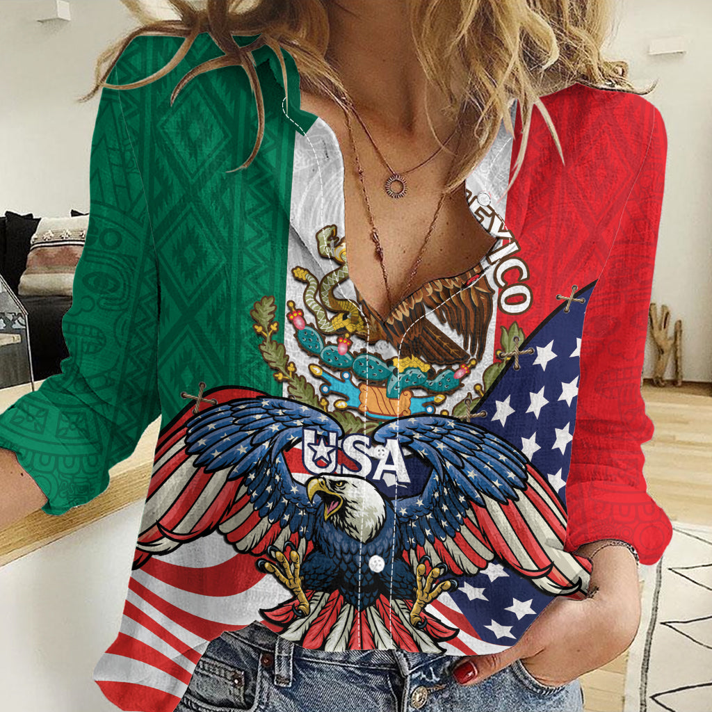 United States And Mexico Women Casual Shirt USA Eagle With Mexican Aztec