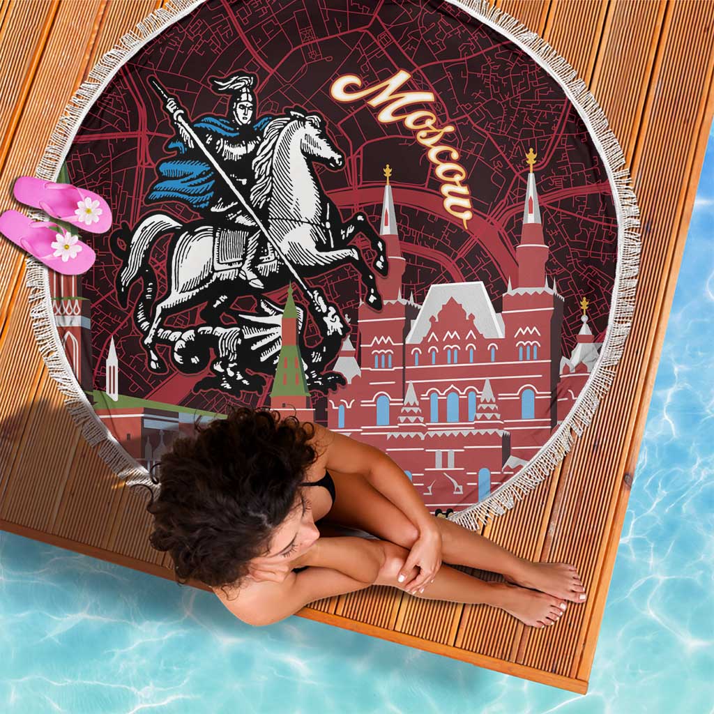 Round red Moscow map beach blanket with fringe, knight on horse and towers graphic
