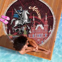 Round red Moscow map beach blanket with fringe, knight on horse and towers graphic
