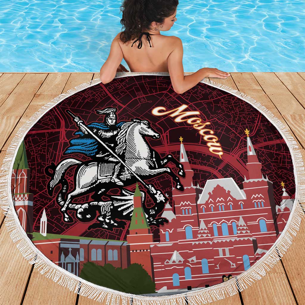 Round red beach blanket with fringe edge, Moscow skyline and knight-on-horse print