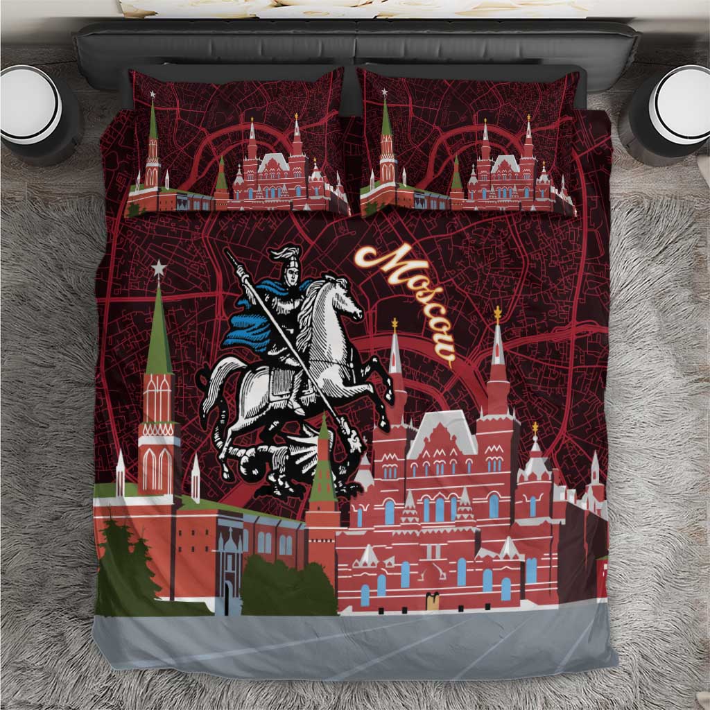 Red bedding set with Moscow skyline, map lines, and knight on horseback with gray border