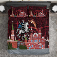 Red bedding set with Moscow skyline, map lines, and knight on horseback with gray border