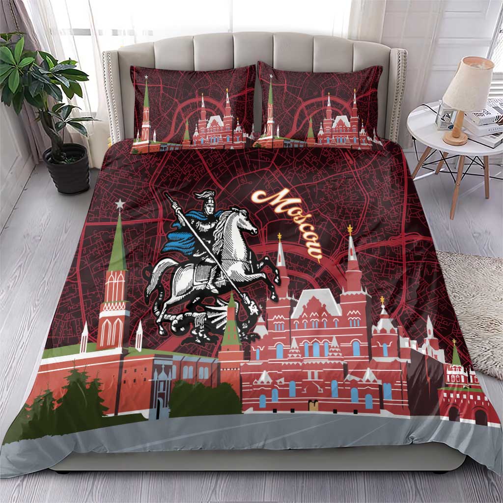 Red duvet and pillow shams with Moscow skyline illustration, map pattern, and knight
