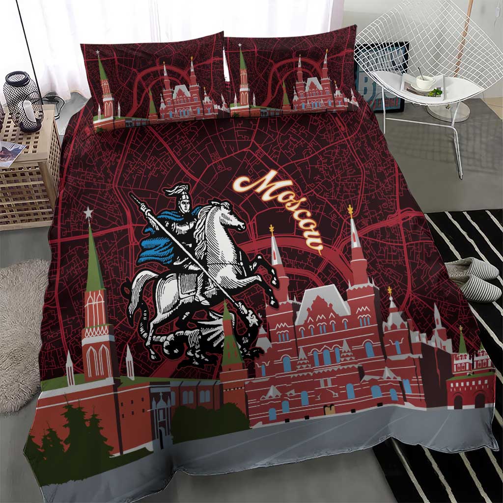 Red bedspread with Moscow skyline and map design, knight-on-horse graphic, gray trim