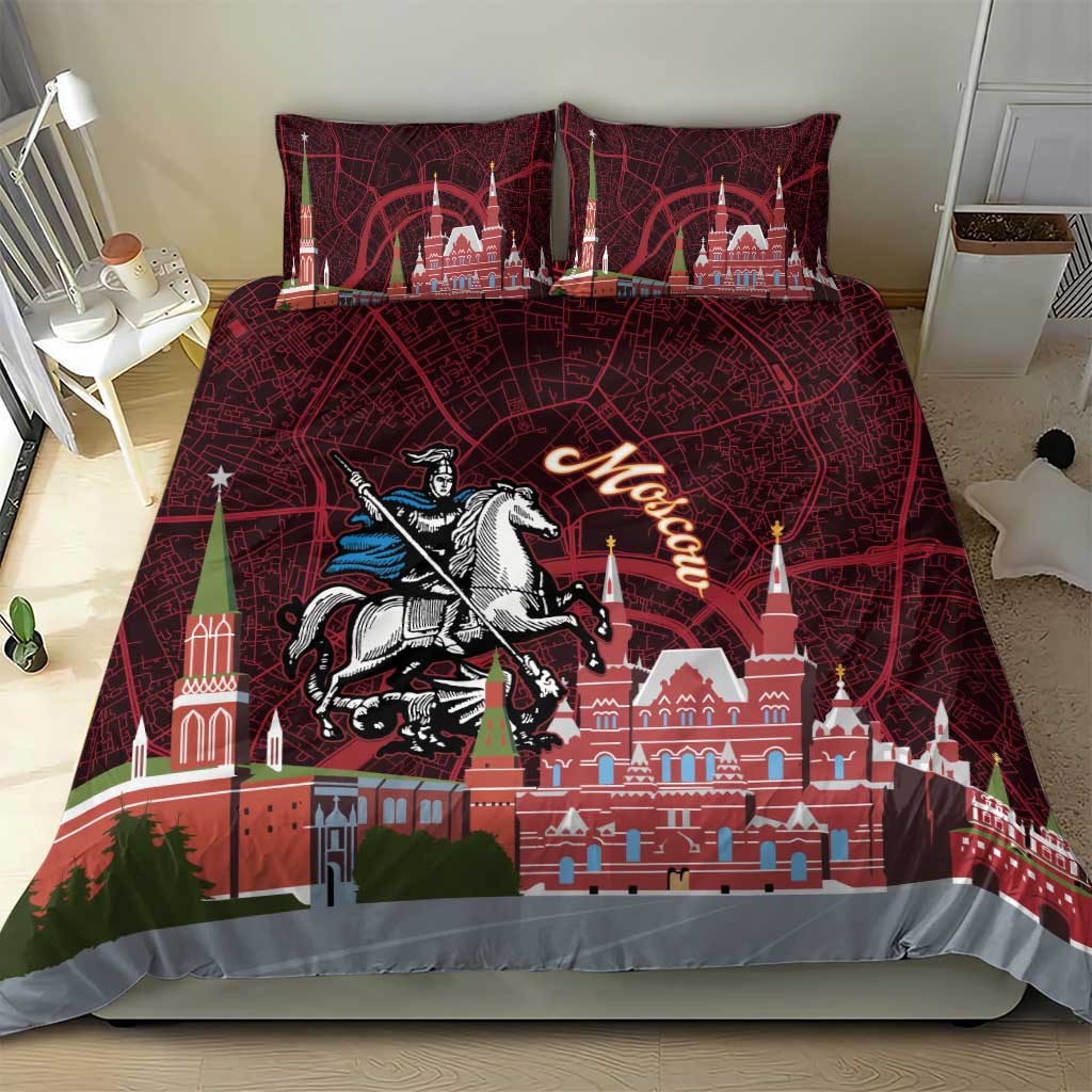 Red duvet set featuring Moscow skyline, map lines, and knight on horseback, gray edging