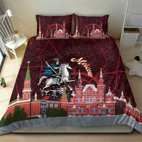 Red duvet set featuring Moscow skyline, map lines, and knight on horseback, gray edging