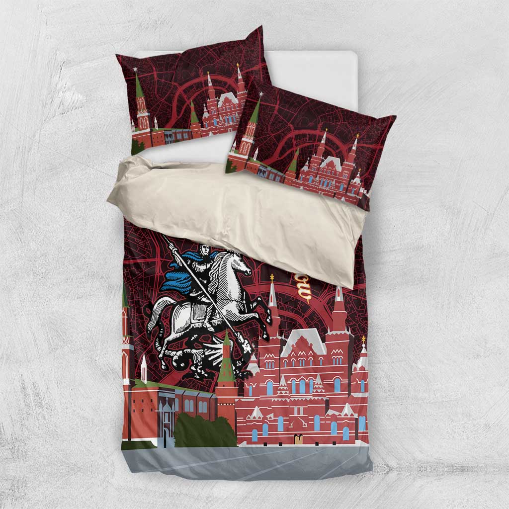 Red bedding set with Moscow skyline, map pattern, and knight on horseback; two pillow shams