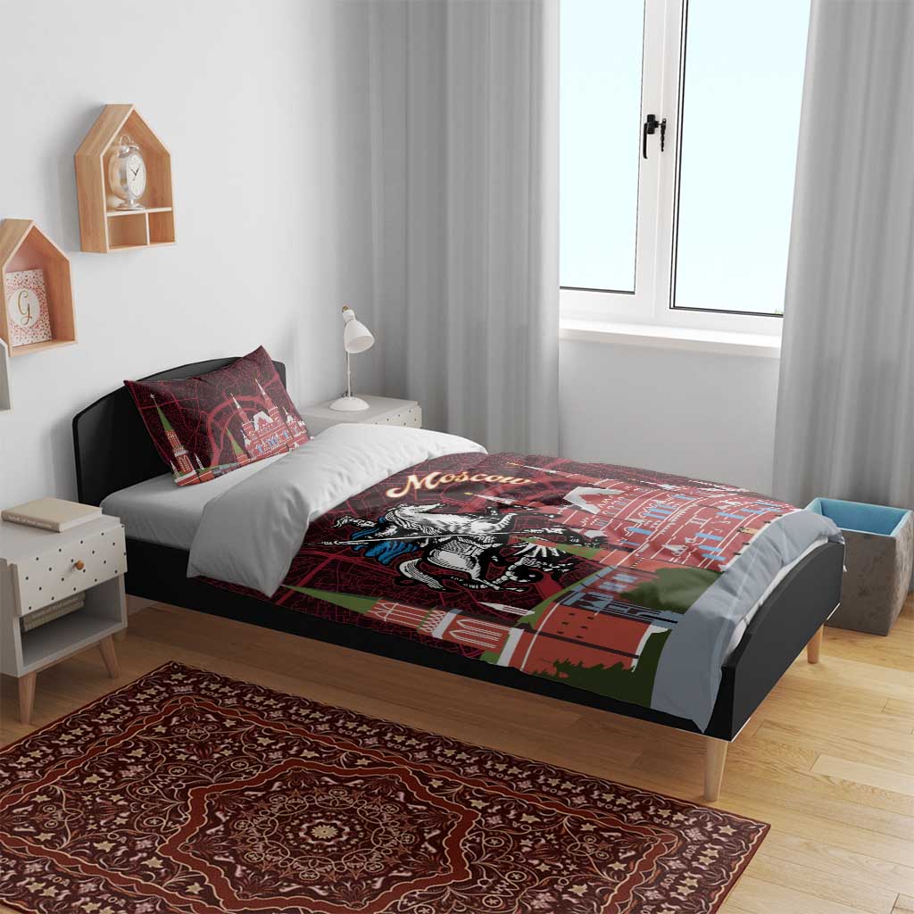 Red duvet with Moscow skyline map print and knight on horseback; matching pillow shams