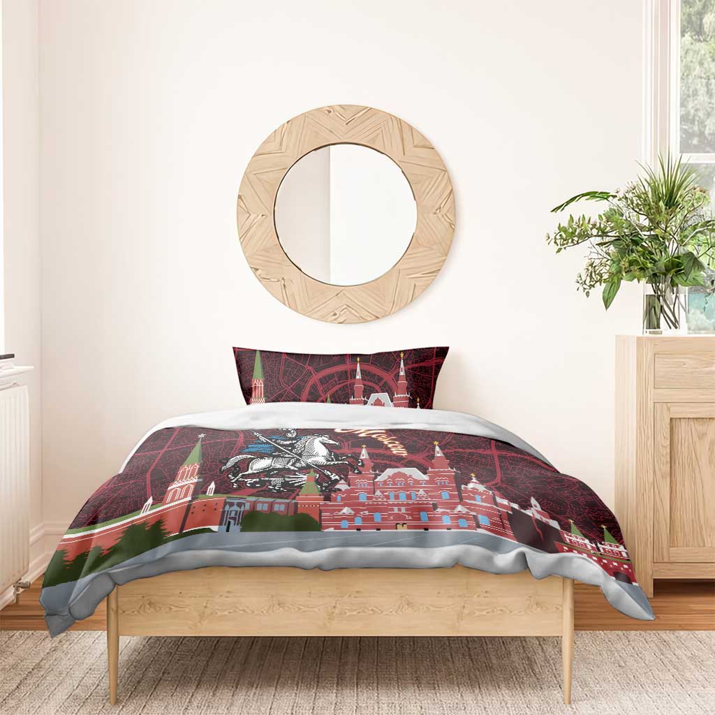 Red bedspread and pillow shams with Moscow skyline map art and knight-on-horse center