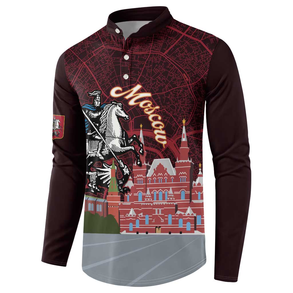 Long-sleeve button sweatshirt with burgundy city graphic and left arm crest patch