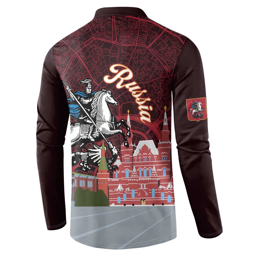 Back of long-sleeve button sweatshirt with burgundy map pattern and large city graphic
