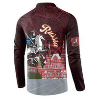 Back of long-sleeve button sweatshirt with burgundy map pattern and large city graphic