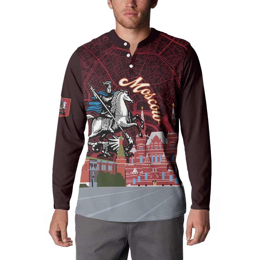 Long-sleeve button sweatshirt in dark burgundy with bold horse and landmark graphic