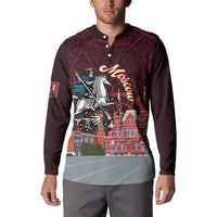 Long-sleeve button sweatshirt in dark burgundy with bold horse and landmark graphic