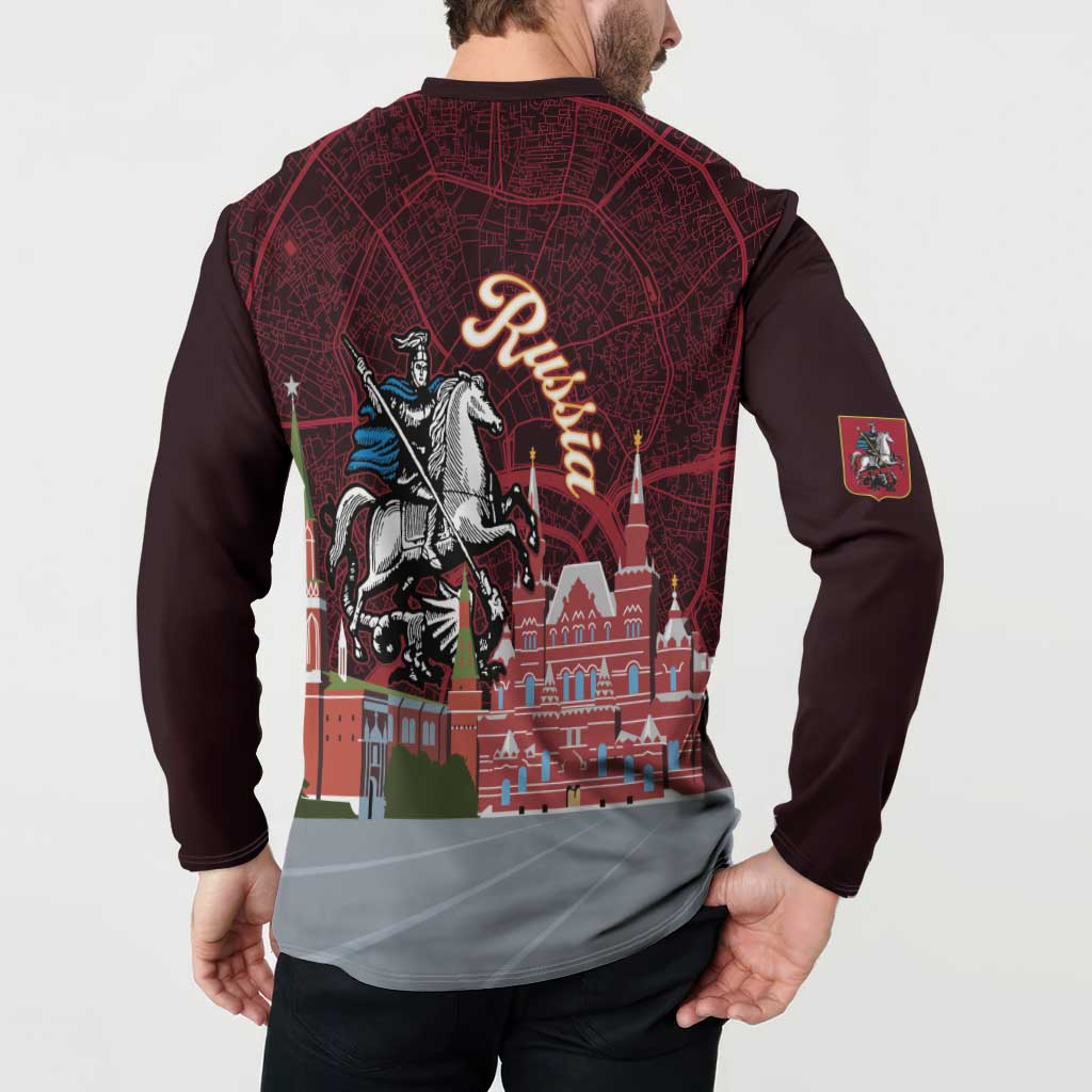 Long-sleeve button sweatshirt back in dark burgundy with large horse and building artwork