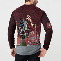 Long-sleeve button sweatshirt back in dark burgundy with large horse and building artwork