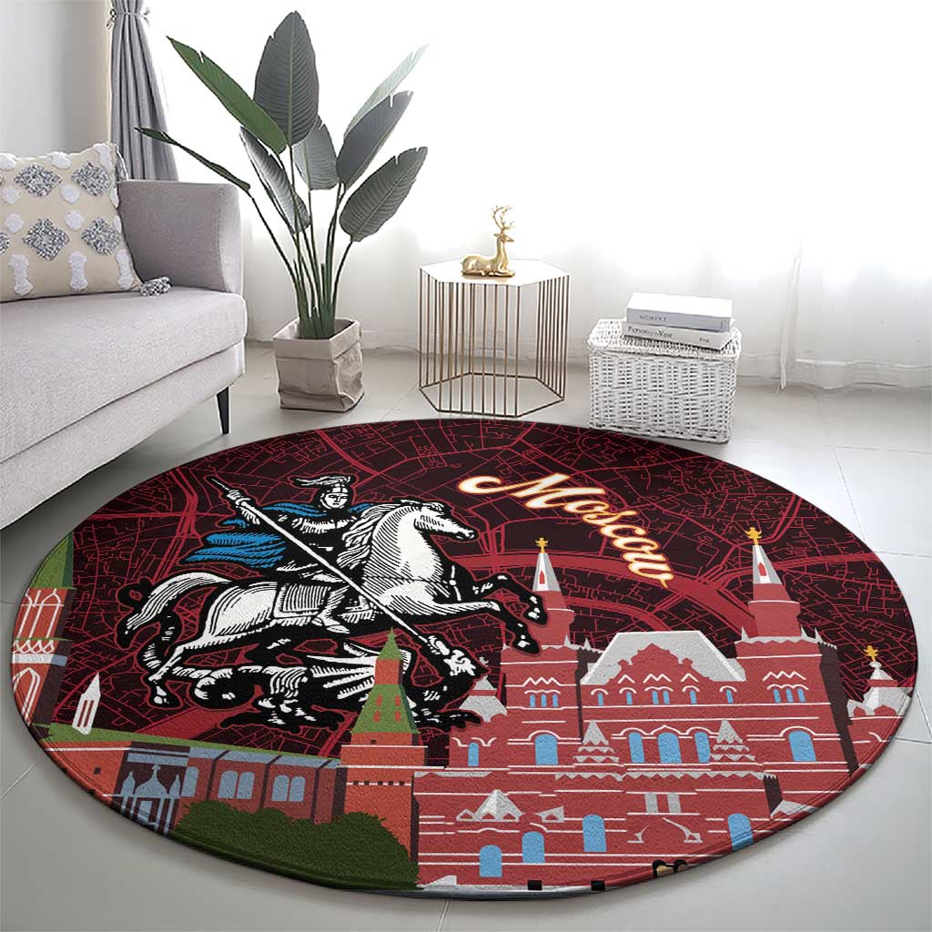 Round red patterned rug with Moscow landmark artwork, horse rider and city walls