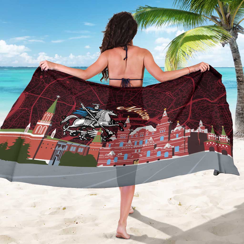 Red Moscow map sarong with Kremlin skyline and horse print, tied bikini wrap style