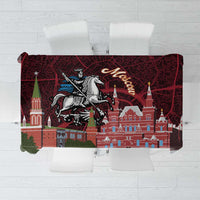 Red tablecloth with Moscow city map print and knight graphic, rectangular design