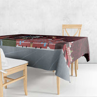 Red and gray tablecloth with skyline map print, hanging over table corners