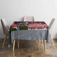 Red and gray rectangular tablecloth with city map print, on dining table